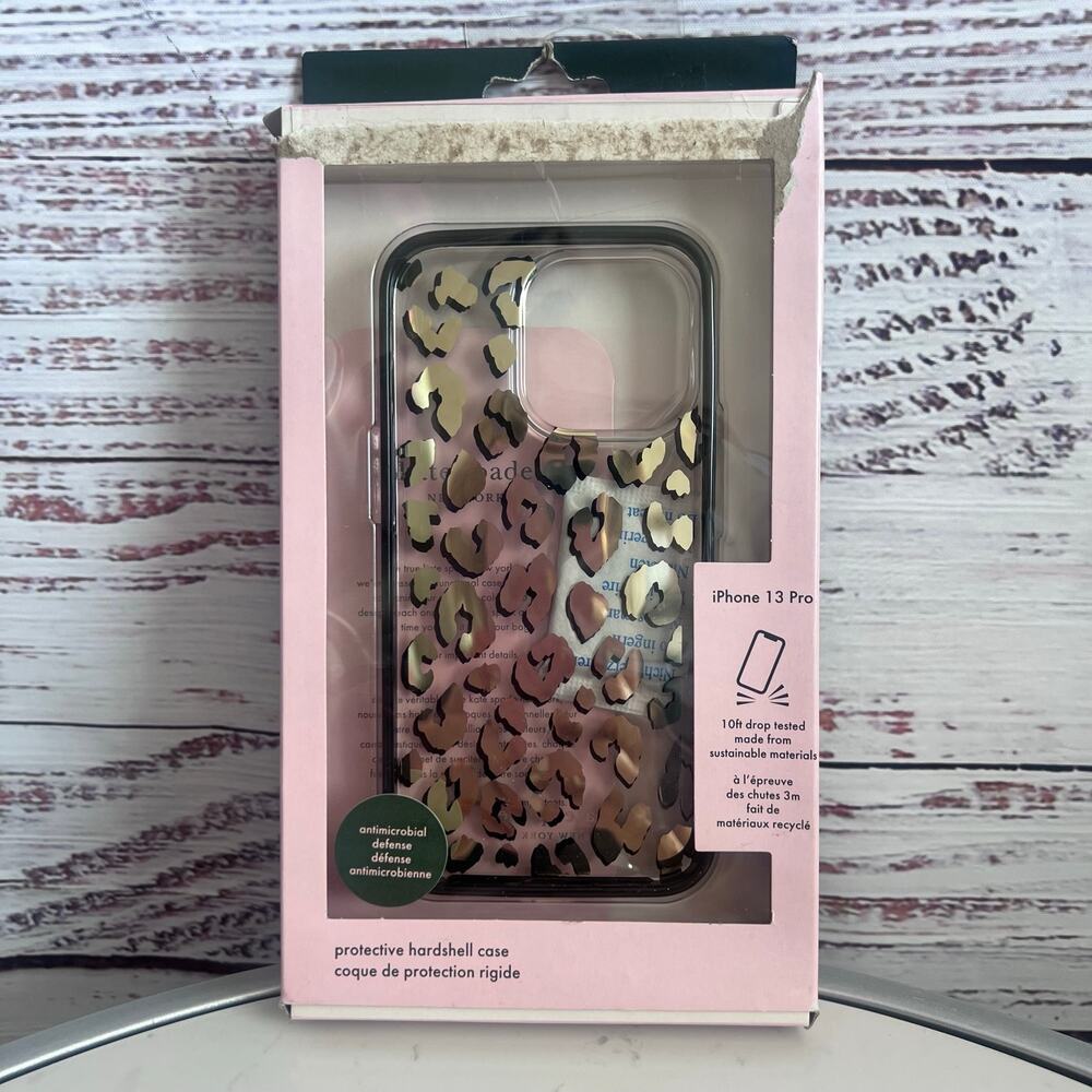 Kate Spade iPhone 13 Pro Phone cover Case Clear Gold Leopard Print New with box
